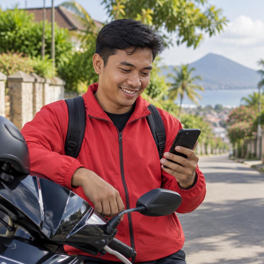 Ilustrasi driver lokal menggunakan smartphone di samping motor